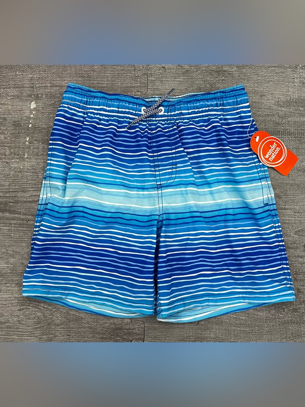 Wonder Nation Boys Blue/White Striped Swim Trunks M (8) Drawstring Pockets